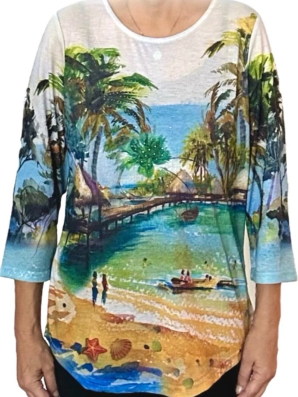 BonWorth Vibrant Tropical Beach Top Women's Size XL Petite Multicolor 3/4 Sleeve